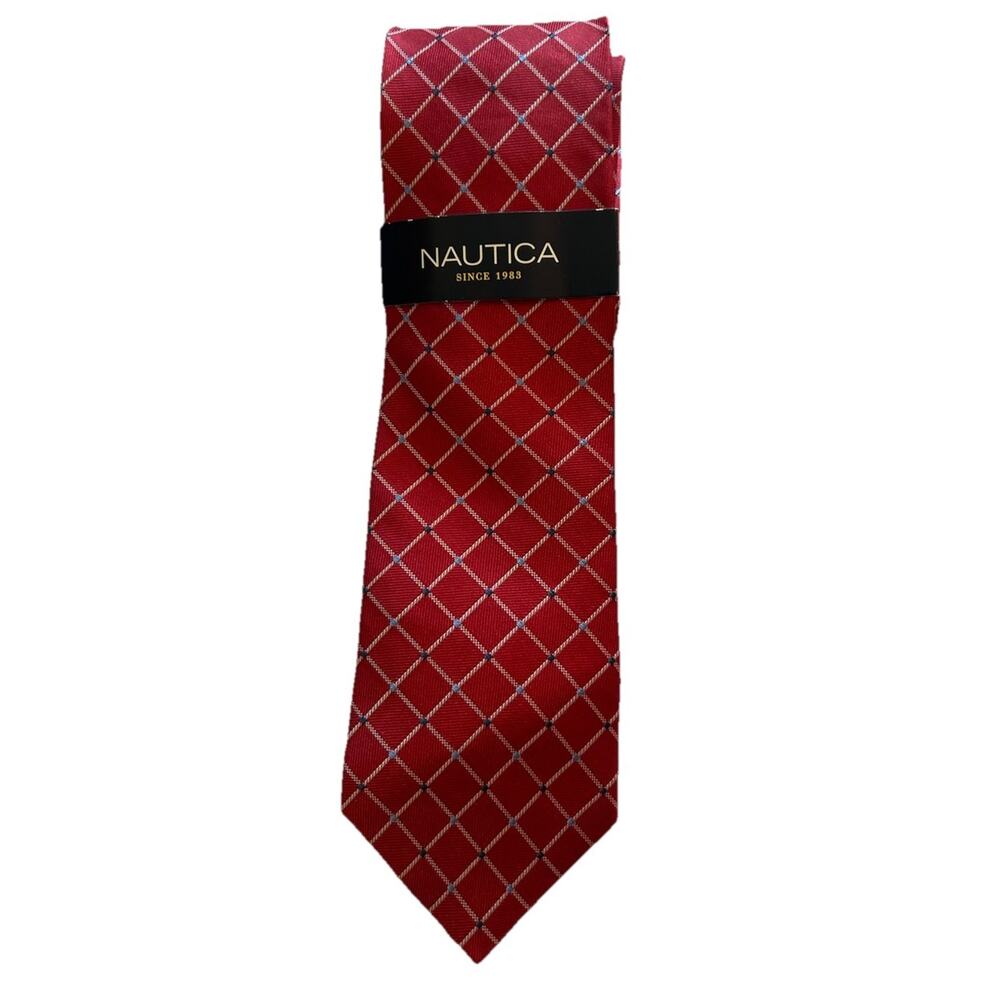 NWT NAUTICA Silk Repp Necktie Mens 3.25" Red‎ Blue Diamond Pattern Tie Classic
